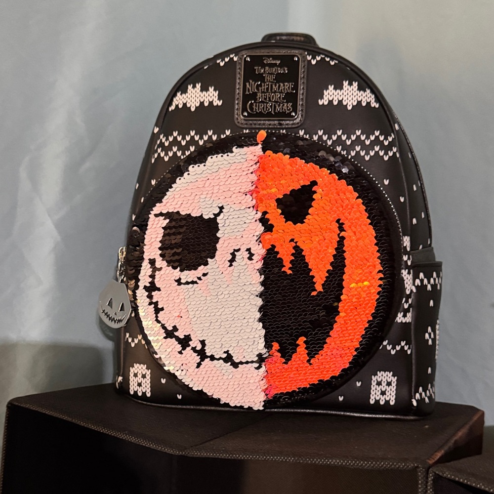 Loungefly Black Sequin Jack Skellington & Pumpkin Reversible Mini Backpack